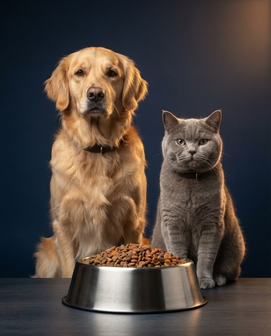 A golden retriever and a grey cat beside a bowl of kibble