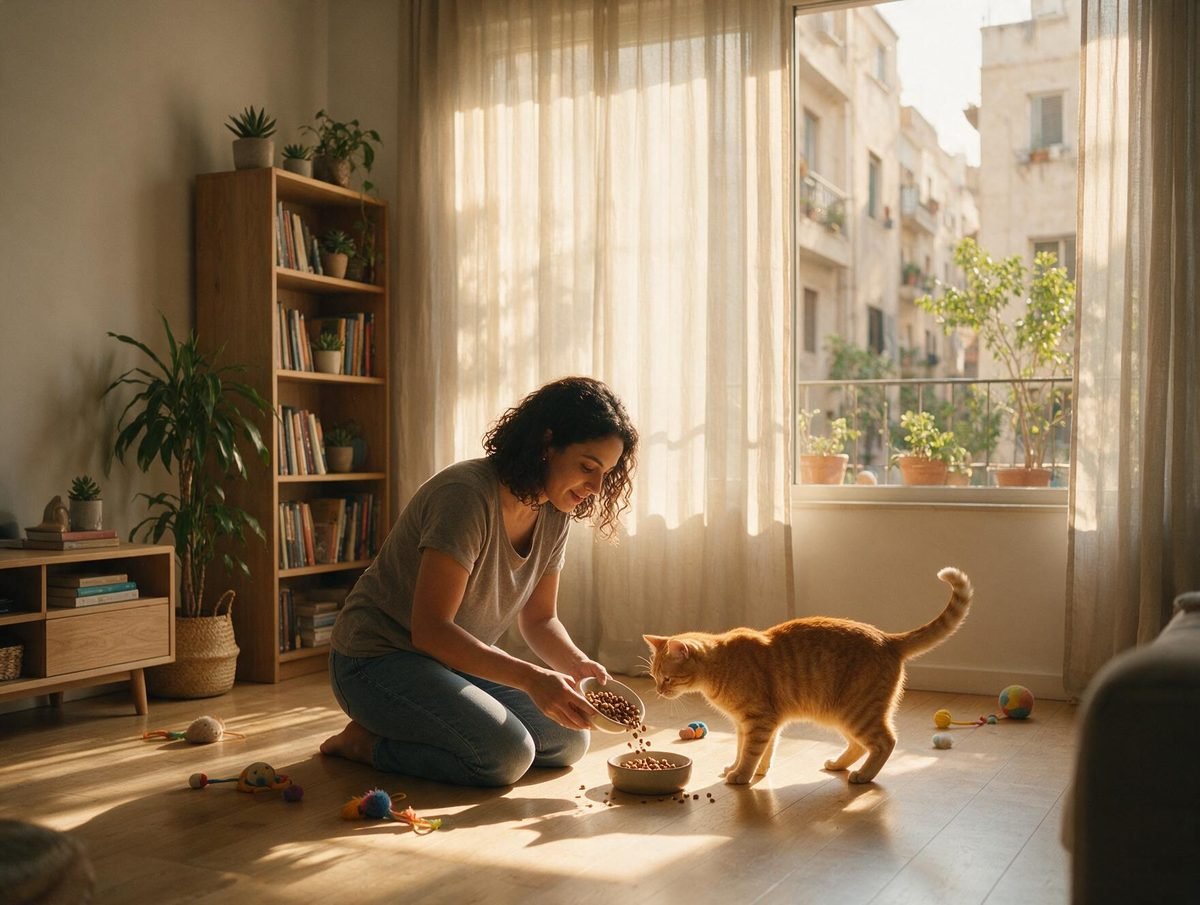 A woman pouring kibble into a bowl for her cat in a Cairo apartment